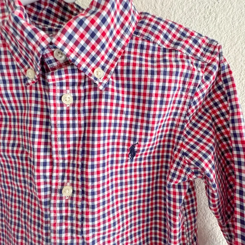 Ralph Lauren 3/3T Button-Down Shirt Red Blue Gingham Plaid Long Sleeve Cotton